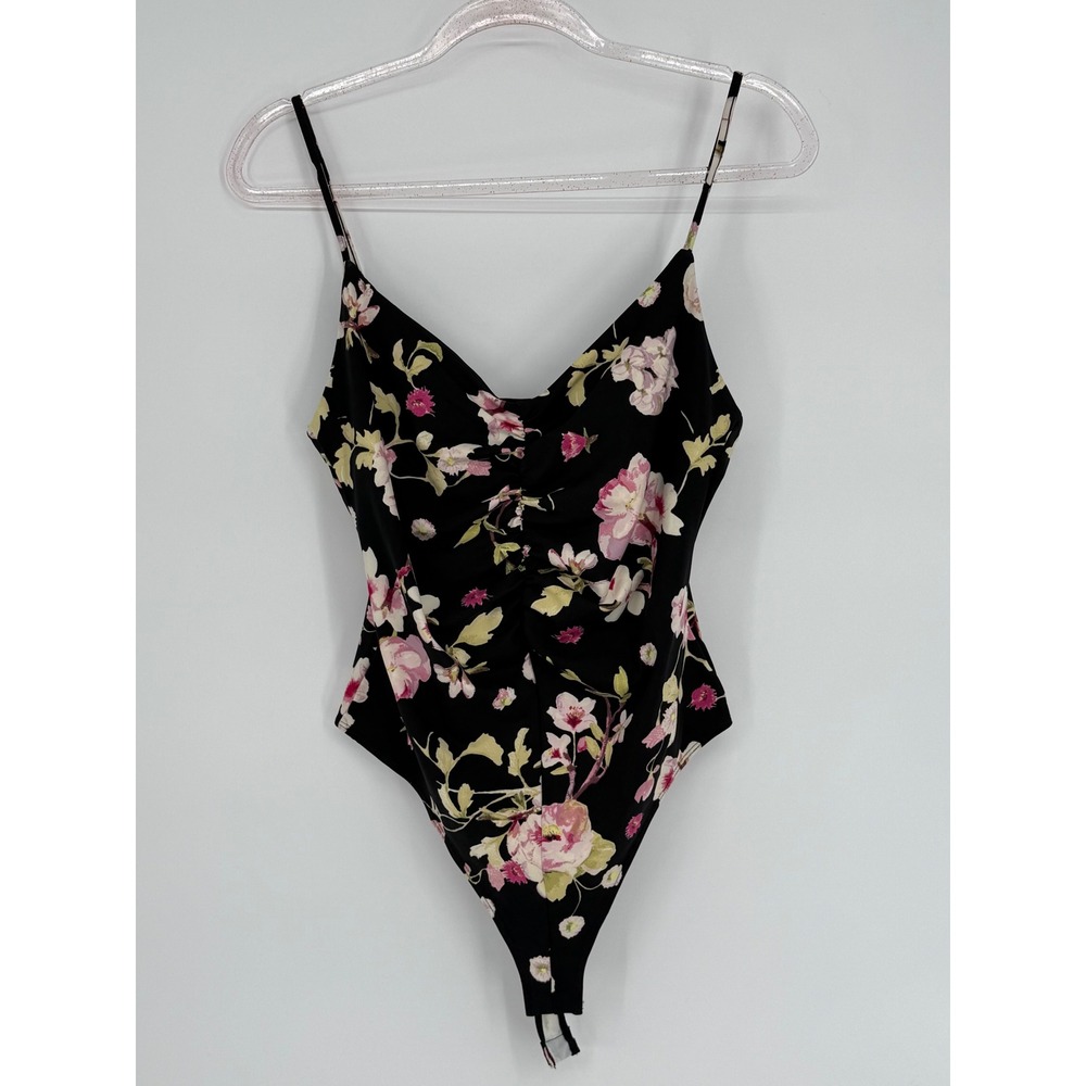 H&M Black Sz L Floral Print Ruched One Piece Swimsuit Women's Adjustable Straps
